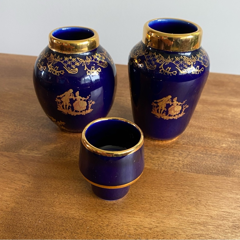 1960s Vintage Limoges Castel France Cobalt Blue 22K Gold Miniature Set (3-Piece)